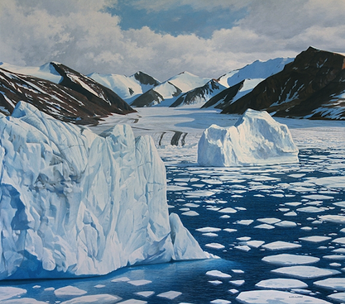 Painting of icebergs in the foreground and small mountains in the distance. 