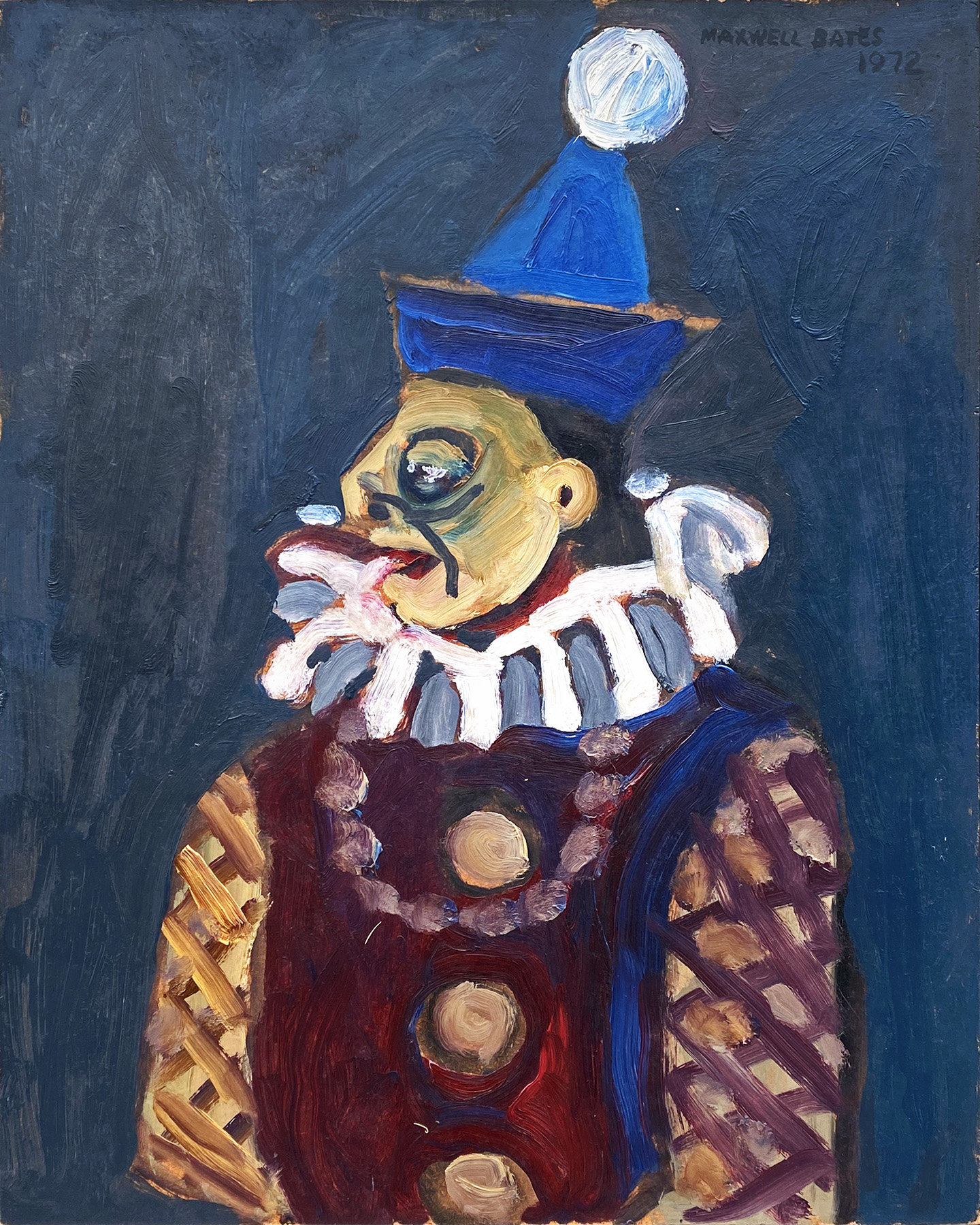 Maxwell Bates expressionist painting of a clown with a rough and a blue hat