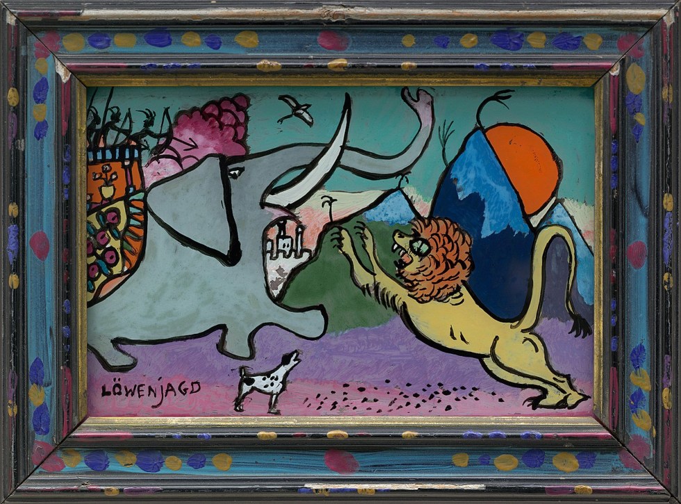 painting of a lion and elephant fighting in a colourful frame