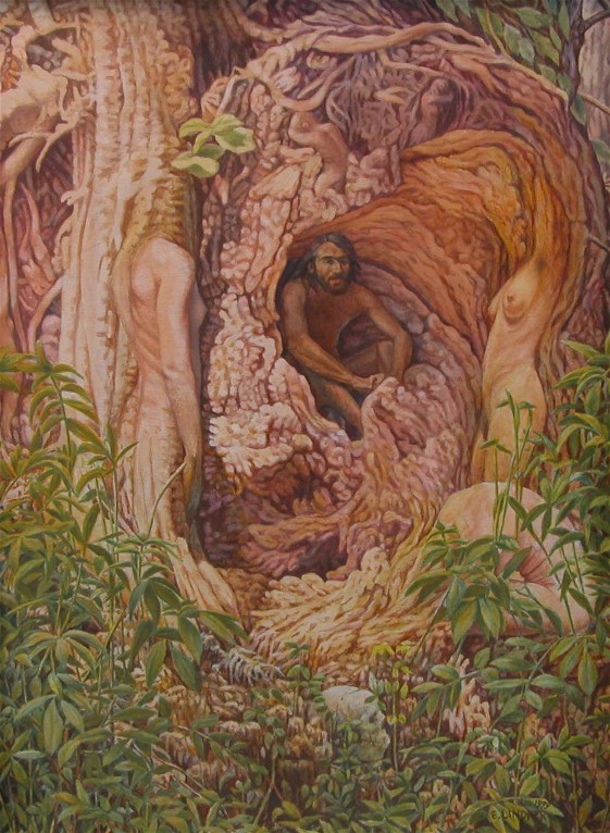 painting of hidden figures a tree trunk and on the forest floor