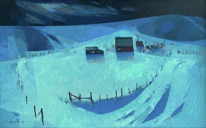 blue coloured painting of a snowy landscape with a farm at night