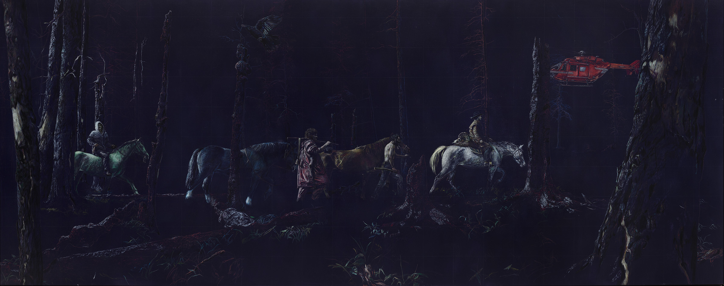 dark painting of four men with horses walking through a forest; red helicopter is in the sky