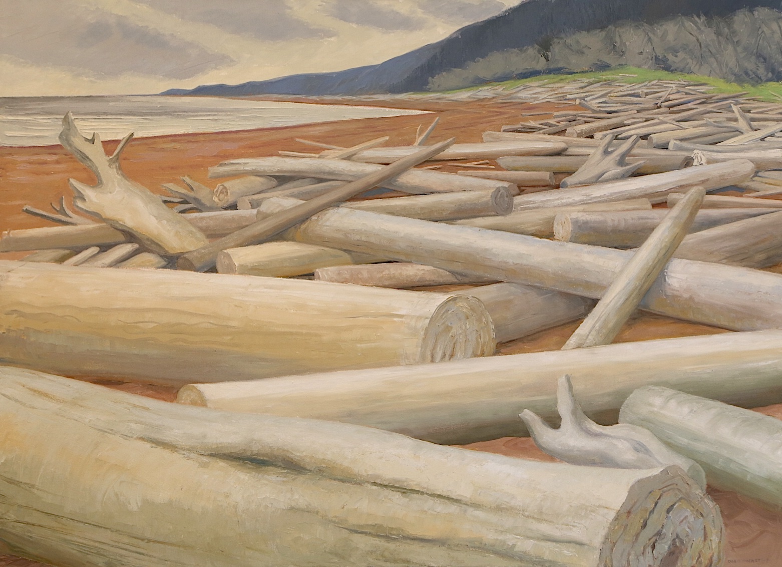 Painting of cut logs lining the shore with water meeting the sky and hills in the background.