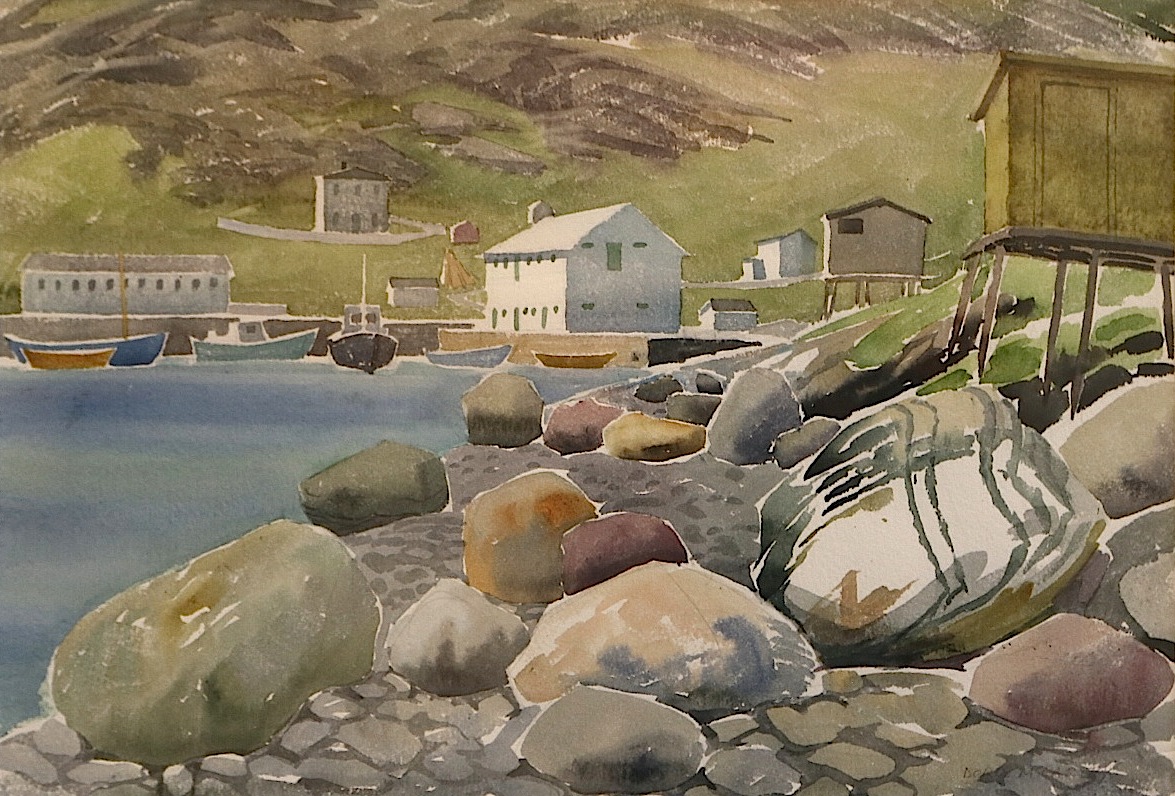 Painting of a rocky shoreline with boats and small wooden buildings on stilts,