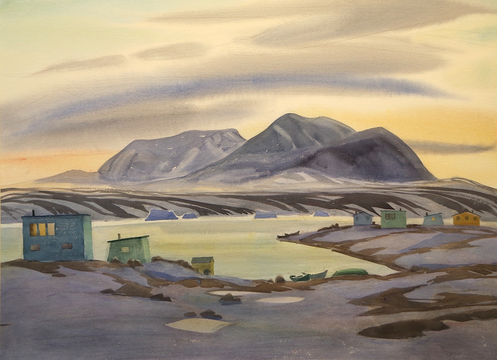Painting of an arctic village at dusk