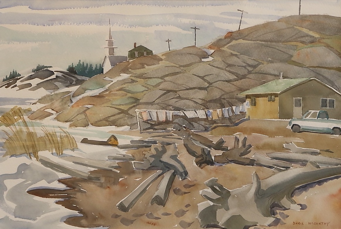 Painting of fallen tree trunks and melting snow in front of a house with wash on the line and a pickup truck in front; in the background behind a hill is a white church with tall spire.