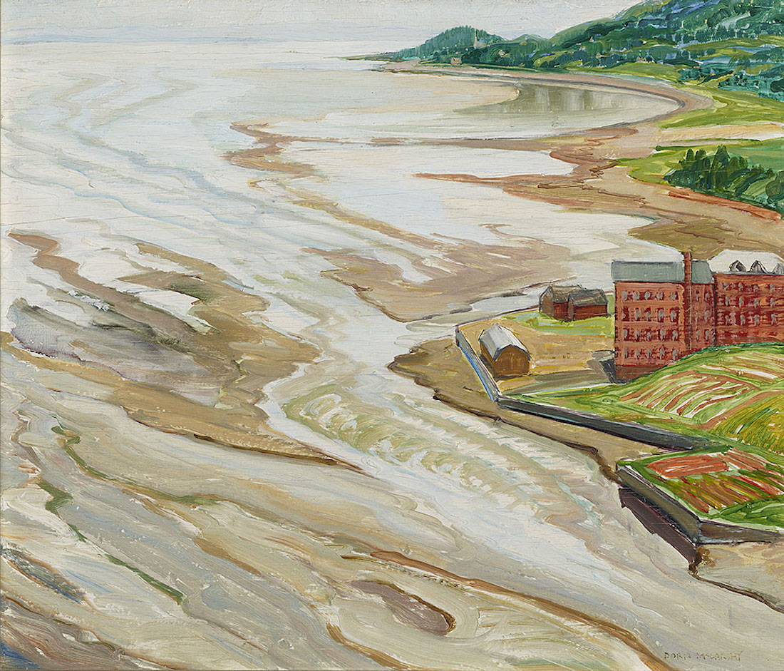 A painting from an overhead view looking down on the bay and buildings along the water
