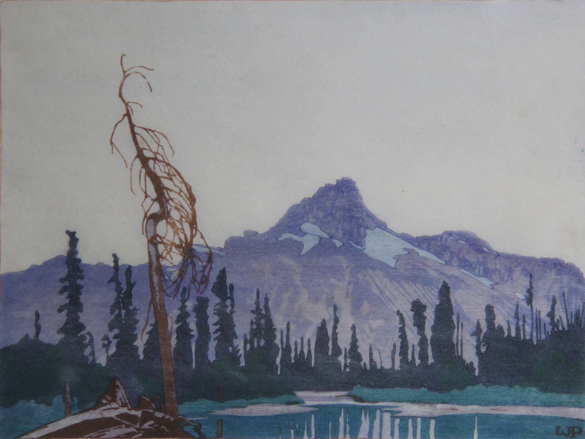 Woodcut print depicting a lake with an old dead tree in the foreground and a mountain in the background