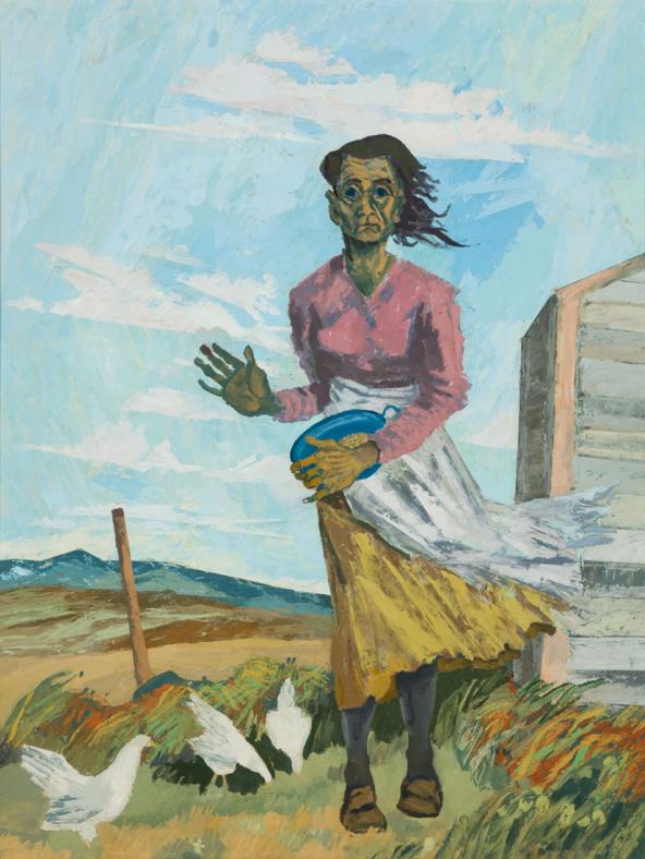 Maxwell Bates expressionist painting of a woman feeding chickens with a barn and prairie landscape in the background