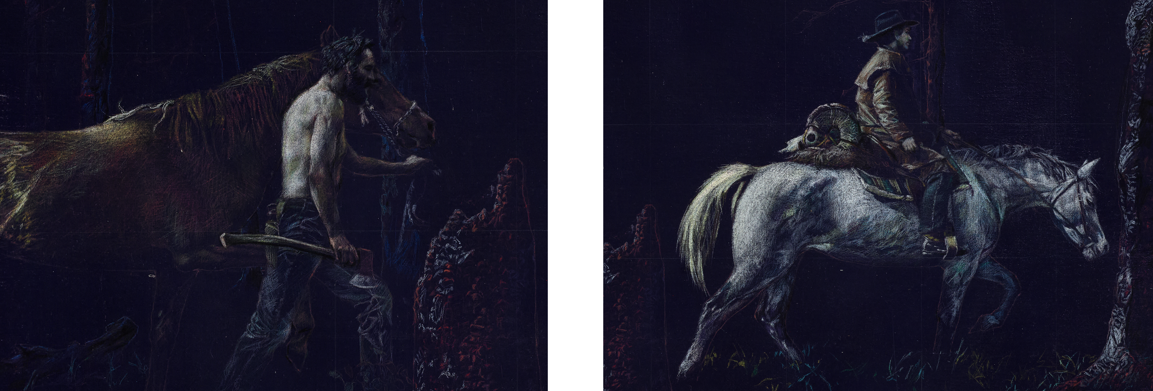 Two images, one of a topless man leading a horse and the second of a man riding a horse