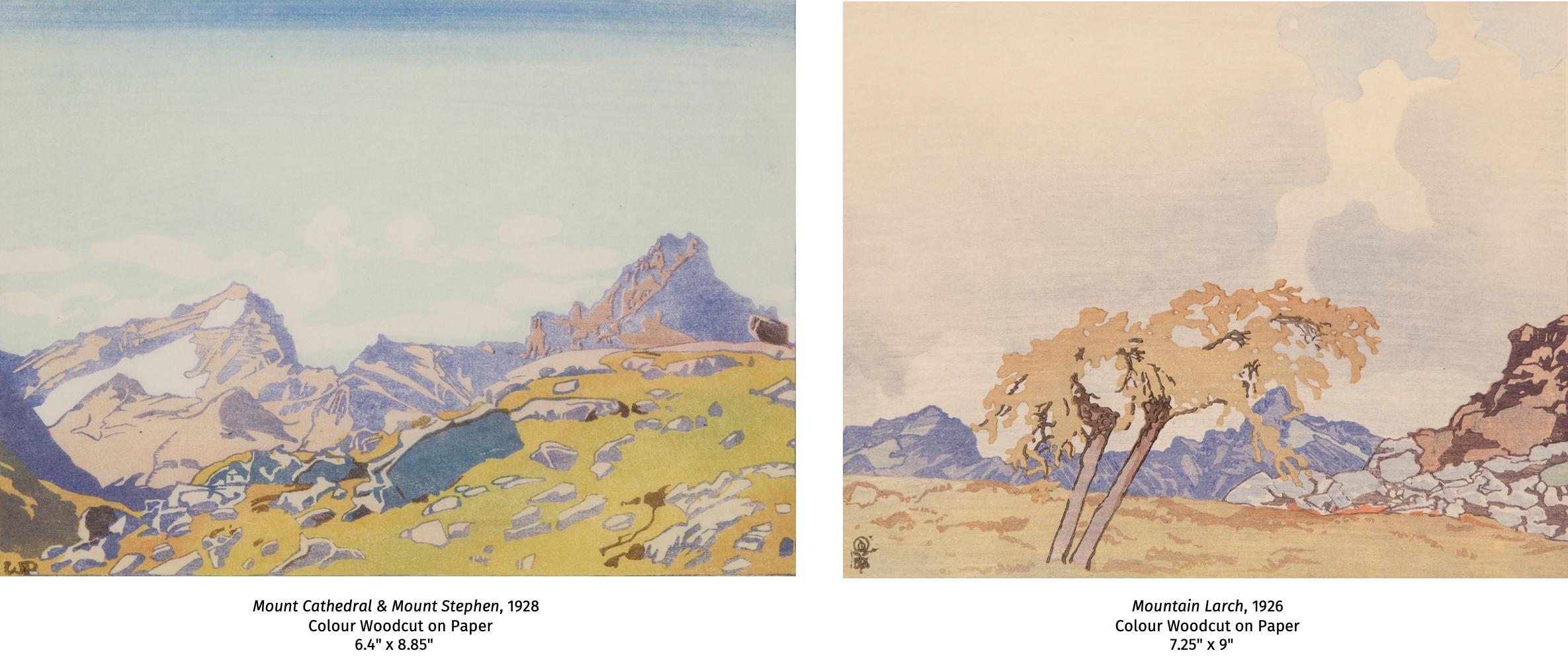 Two woodcut prints depicting mountain landscapes in muted autumn colours