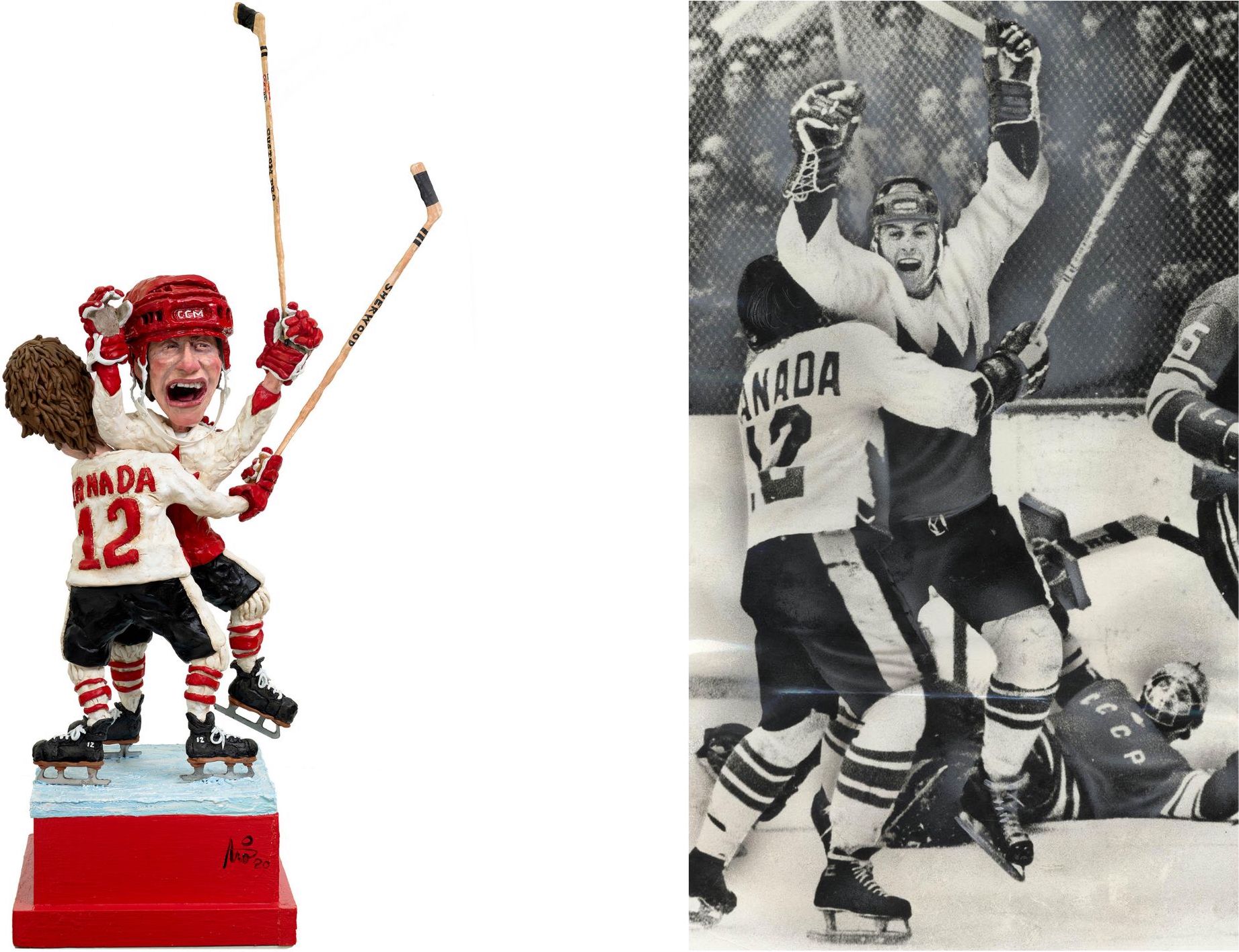 Two images shown - one a colourful sculpture of two hockey players celebrating; the second a black and white photograph of the same two hockey players celebrating